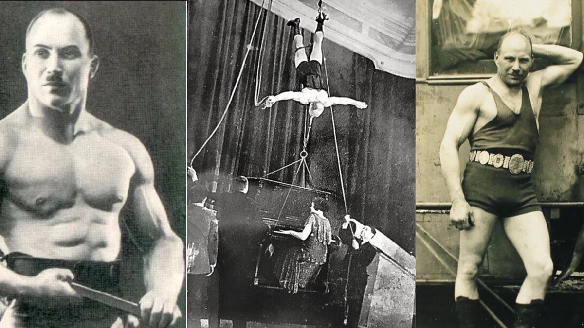 Подвешенный за ногу под куполом цирка, Засс держит в зубах рояль с пианисткой