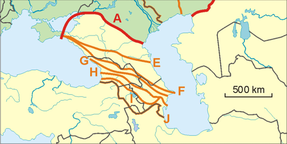 Возможные границы между Европой и Азией на территории Закавказья. Википедия. 