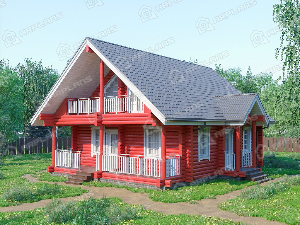 Фото 1 деревянного двухэтажного дома из бревна с мансардой, 2 спальнями, балконом, газовой котельной и террасой. Полезная площадь 100 кв м. Источник arplans.ru Проект ДО-090