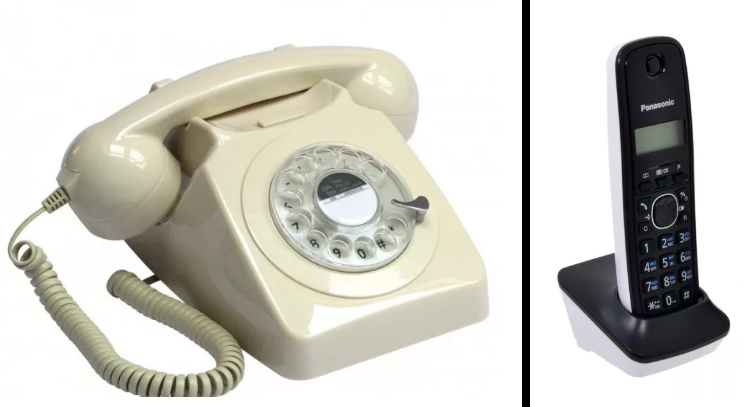Пояснение для тех, кому 20 лет и меньше: слева дисковый телефон. У нас был именно такой, беленький. Справа радиотелефон. Такой у нас появился спустя года 2 после окончания передачи «Позвоните Кузе».