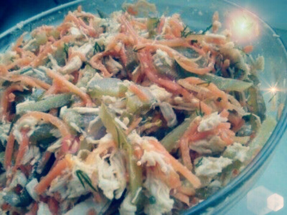 Индигриенты:
✔ Куринное филе- 1 шт.
( а вообще можно любое мясо).
✔ Лук - 2 шт.
✔ Морковь- 2 шт (крупные).
✔ Солёные огурцы 2-3 шт.
✔ Майонез.
✔ Сливочное масло.
✔ Уксус.

Приготовление:
.
Лук порезать четвертинками, ошпарить кипятком, для того, чтобы ушла лишняя горечь. Замариновать в уксусе.

Отварить филе, в подсоленной воде. Порезать кубиком или соломкой.

Морковь натереть на крупной тёрке, пожарить на сливочном масле.

Огурцы нарезать соломкой или кубиком.

С лука слить лишнюю жидкость и смешать все индигриенты, заправив  майонезом.

Попробуйте, может надо досолить.

Дайте постоять блюду хотя бы 20 минут. И можно кушать.

Поверьте салат всем понравится.