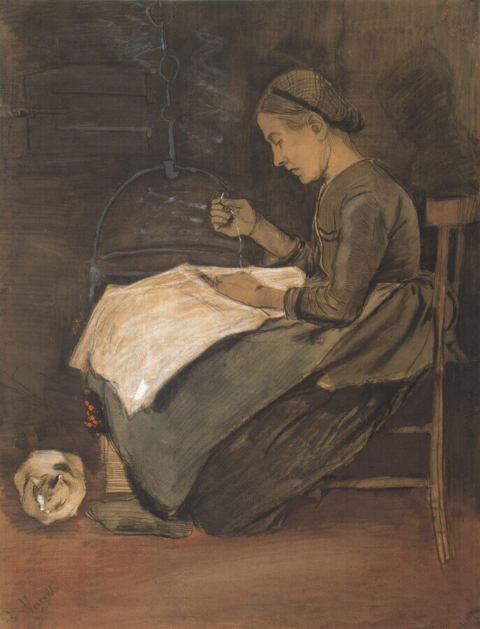 Шьющая женщина и кот, 1881 год