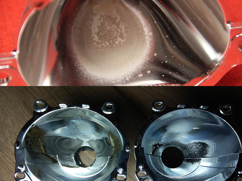 Отражатель биксеноновой линзы. Отражатель в фаре тойота камри. Выгоревший отражатель линзы. Отражатель для ксеноновой линзы паджеро спорт 2. Выгоревшая линза фары.