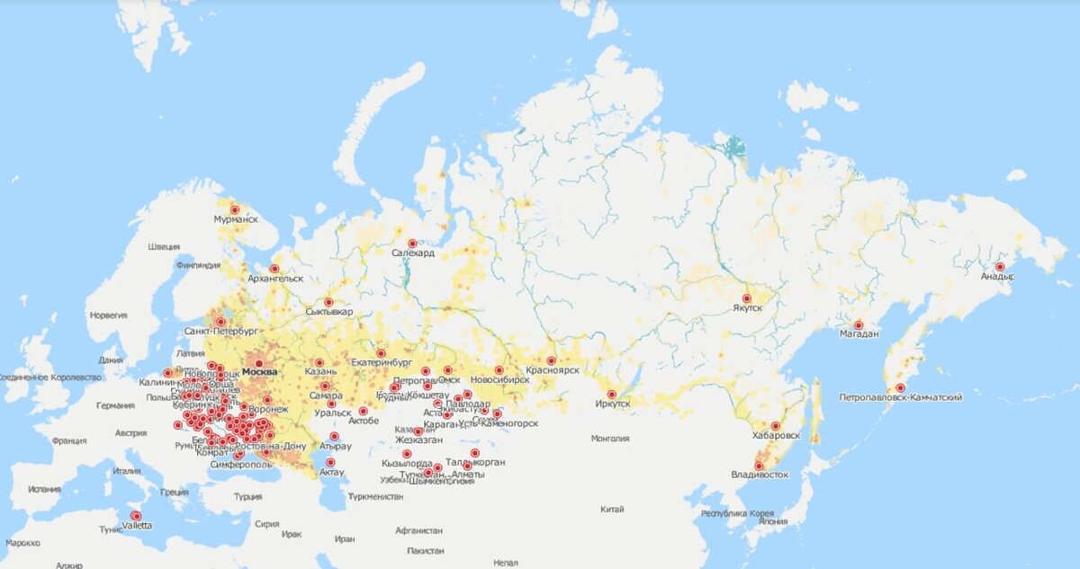 Цветом отмечена зона покрытия сети компании Билайн на территории России