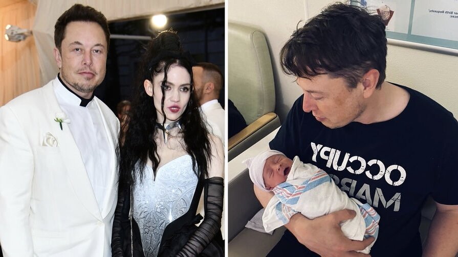 На первом фото: Илон Маск и певица Граймс, на втором фото: Илон с новорождённым сыном