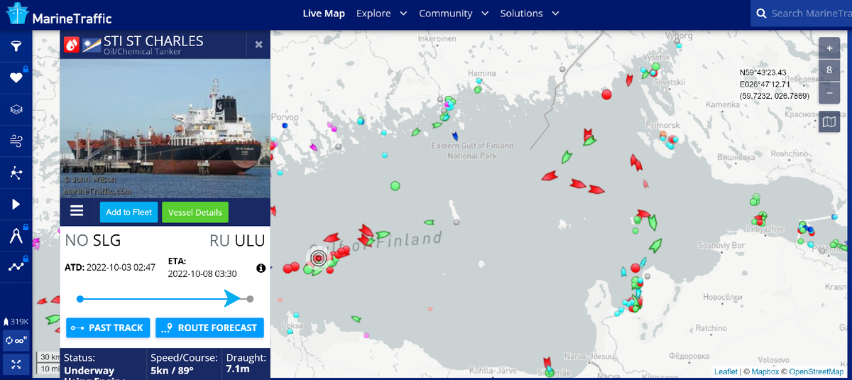Красные силуэты судов - танкеры и газовозы. Скопление слева - якорная стоянка за пределами территориальных вод в РФ
