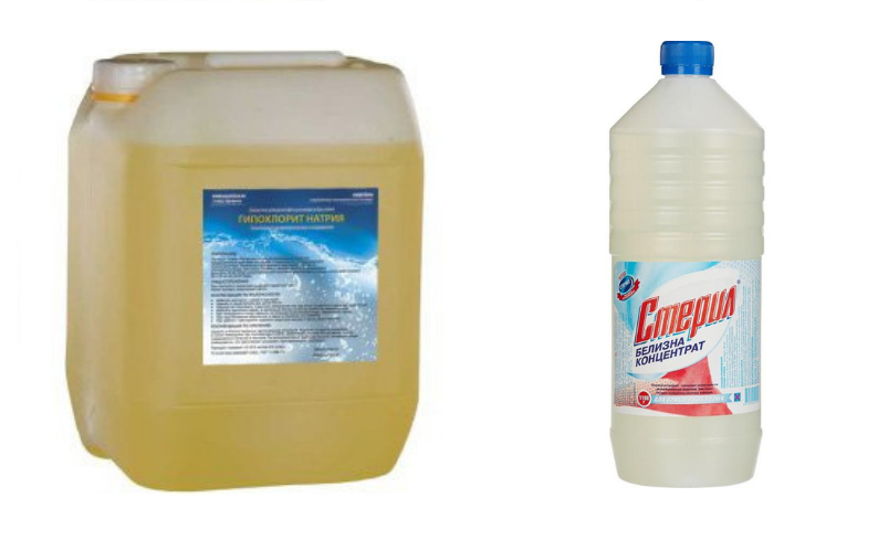 Слева — гипохлорит натрия, а справа — обычная белизна, которую некоторые наши клиенты используют вместо гипохлорита в многоступенчатых системах водоочистки (белизна состоит из активного хлора на 95 %)