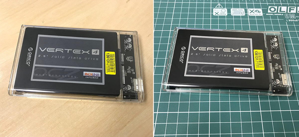 пример съёмки SSD диска на коврике OLFA CM-A4 и на столе