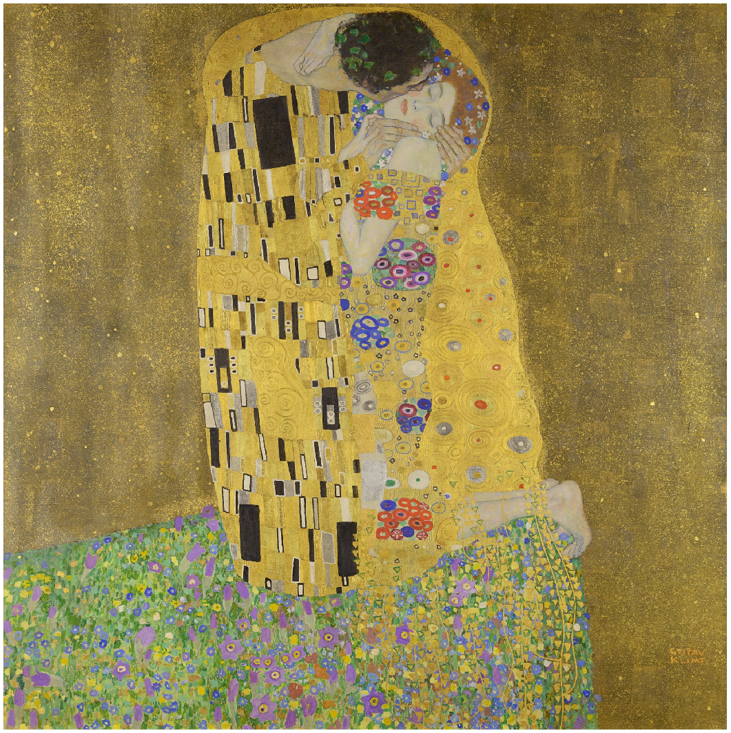  Gustav Klimt — The Kiss (Lovers)  oil and gold leaf on canvas, 1907–1908
 Österreichische Galerie Belvedere, Vienna
 180 cm × 180 cm