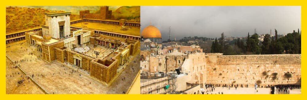 слева: реконструкция "Храма Соломона" в Иерусалиме; справа: знаменитая "Стена плача" (остатки храма)