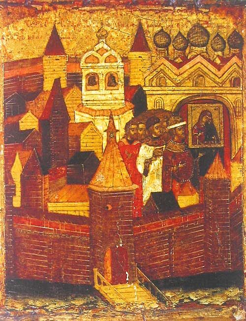 Крестный ход в Ярославском кремле с Толгской иконой по случаю морового поветрия. Фрагмент иконы 1655 года.