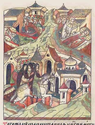 Мстислав у смертного одра супруги Христины, шведской принцессы 
Лицевой летописный свод XVI в.