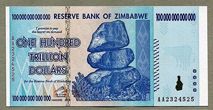 Банкнота номиналом в 100 триллионов зимбабвийских долларов