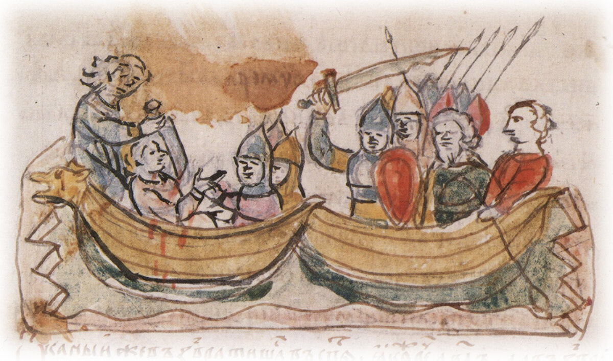 Захват подосланными Святополком Владимировичем убийцами ладьи Глеба Владимировича; убийство поваром Торчином Глеба ножом. Радзивиловская летопись, конец XV в.