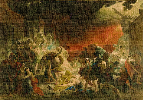 К. Брюллов "Последний день Помпеи". В 1828 году художник побывал на местах раскопок и еще тогда сделал наброски. В период с 1830 по 1833 годы создавался его шедевр.