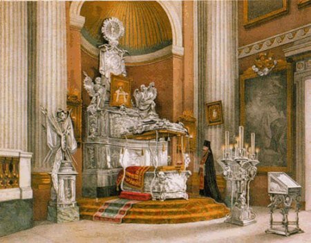 Рака в интерьере собора, общий вид. Литография 1890 года