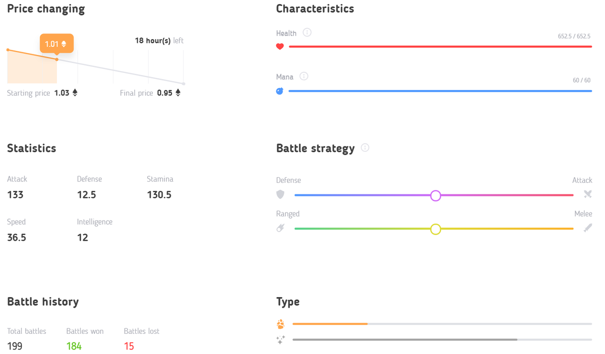 Статы дракона. График в верхнем левом углу означает, что дракон выставлен на продажу посредством аукциона