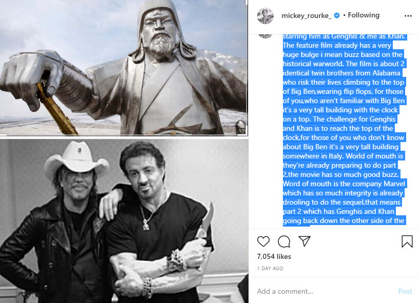 Такой пост был опубликован в Instagram, который позиционируется, как инстаграм-канал Микки Рурка (Источник фото - www.instagram.com/mickey_rourke_/)