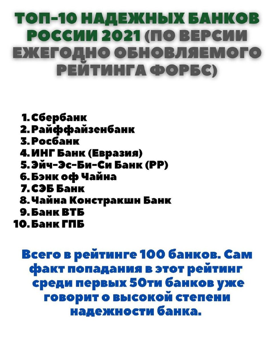🔴Самый свежий ежегодно обновляемый рейтинг - это рейтинг банков от Форбс. Они публикуют его в апреле каждого года. Считается, что это самые надёжные банки по итогам прошлого года. Методика рейтинга учитывает нормативы для банков (не их устойчивость!). Первую 20ку всегда по большей степени занимают дочки иностранных банков. Сбербанк далеко не всегда первый по надежности. 