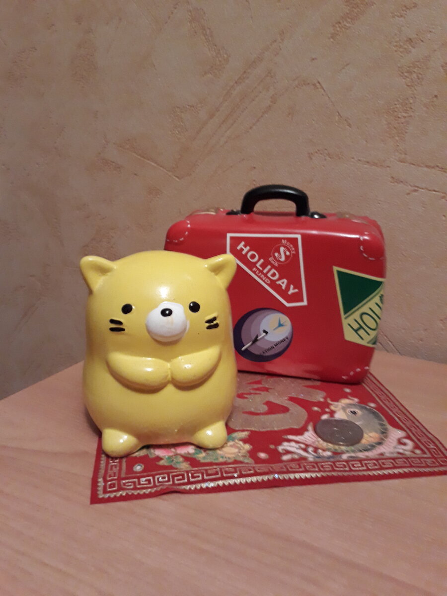 Очень удобно пользоваться двумя копилками.  Желтая - на мечту. Красная - для бесхозной мелочи. 