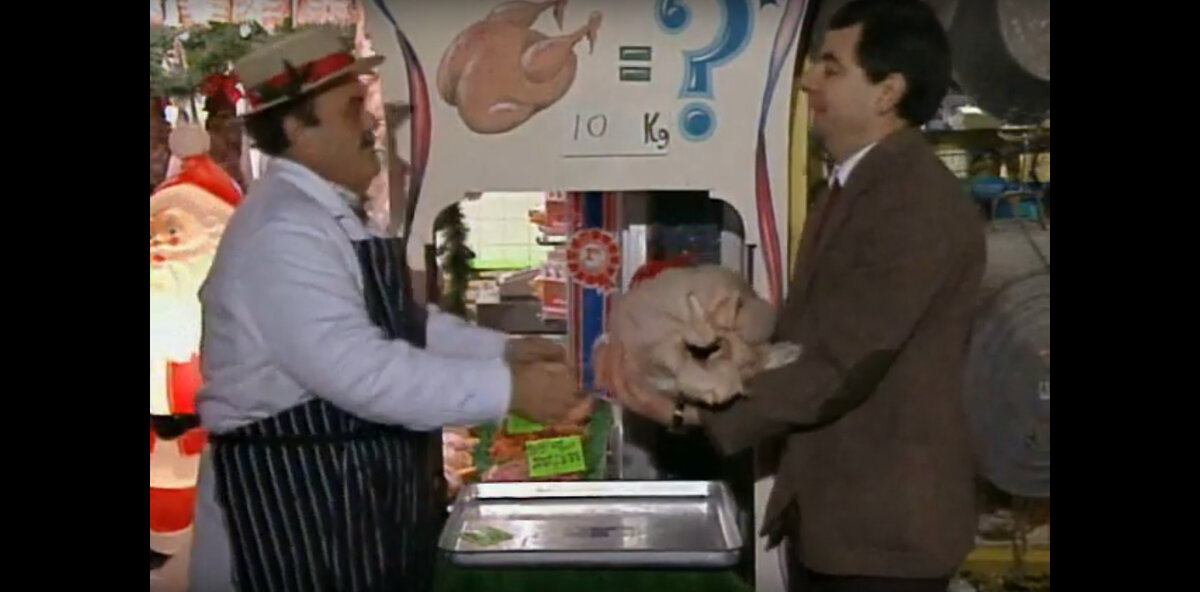 Мистер Бин "угадывает" вес индейки. Без "мудрости толпы" - но с весами!