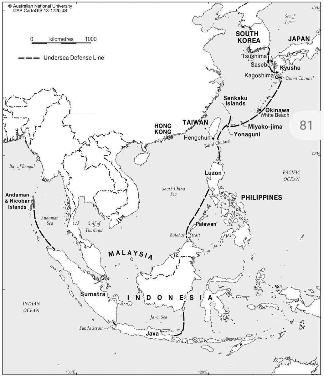 Система противолодочного наблюдения США в западной части Тихого океана в 2000-х годах. Изображение взято из книги «The Tools of Owatatsumi» © Desmond Ball, Richard Tanter.