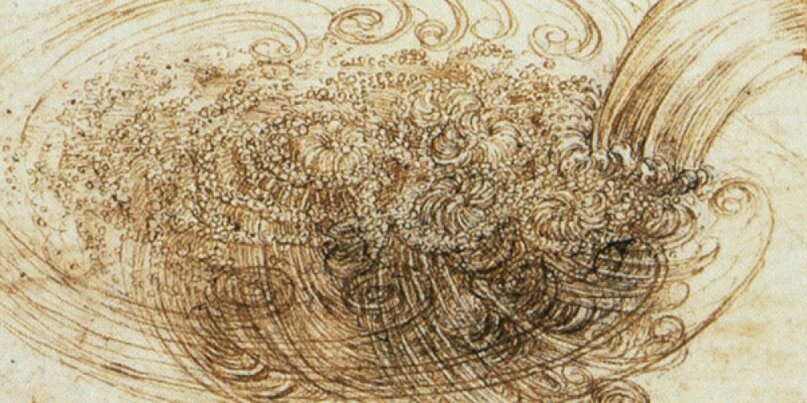 Леонардо да Винчи. «Рисунок водных препятствий и падений». Фрагмент. 1508. Частная коллекция. Studies of Water passing Obstacles and falling, 1508. by Leonardo da Vinci. Private Collection.