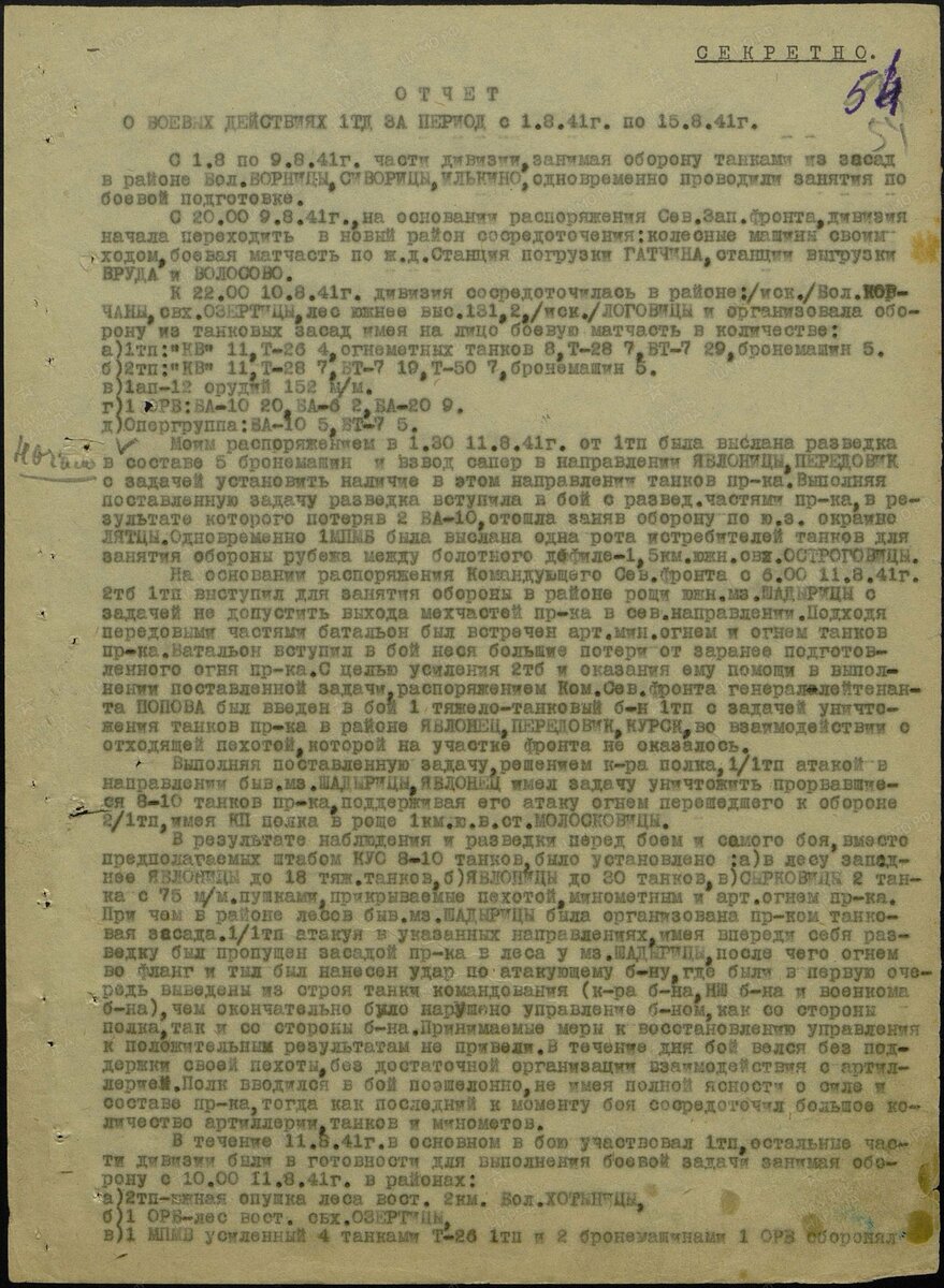 Состав 1-й танковой дивизии к началу сражения.