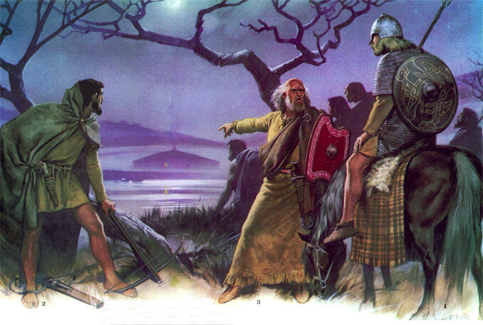 1. Знатный воин из пиктов, VIII-IX вв. 
Парадоксально, что о внешнем виде таинственных пиктов мы знаем гораздо больше. Кольчуга и шлем этого воина привезены из Нортумбрии или захвачены на ее территории во время войны. Внешняя отделка щита состоит из таинственных символов, часто встречающихся в искусстве пиктов.

2. Охотник из Северной Британии или одного из южных племен пиктов, VIII век 

Использовался ли арбалет позднеримской эпохи в Шотландии раннего средневековья? А если использовался, то на войне или только для охоты? В Северной Британии были найдены останки арбалета достаточно сложной формы. На одной из резных работ, изготовленной пиктским мастером, можно видеть охотника в плаще с капюшоном.

3. Вождь северных пиктов, VII-IX вв.

Устаревшие формы снаряжения, такие как прямоугольный щит со срезанными краями, можно видеть на ранних римских резных изображениях, найденных в районе Адрианской стены. Это снаряжение в течение нескольких веков продолжало использоваться пиктами. Судя по дошедшим до нас фрагментам военного снаряжения, у этого народа было много искусных мастеров, работавших по металлу. Обратите внимание на широкий короткий меч.