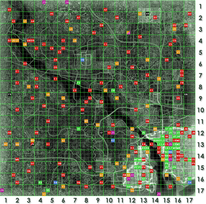 Чёрный — Убежища Синий — большие поселения
Зелёный — станции метро
Оранжевый — неотмечаемые локации
Пурпурный — локации из дополнений
Красный — прочие локации