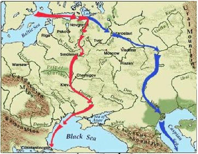 Торговые пути "из варяг в греки" (красные стрелки), "из варяг в персы" (синие стрелки)