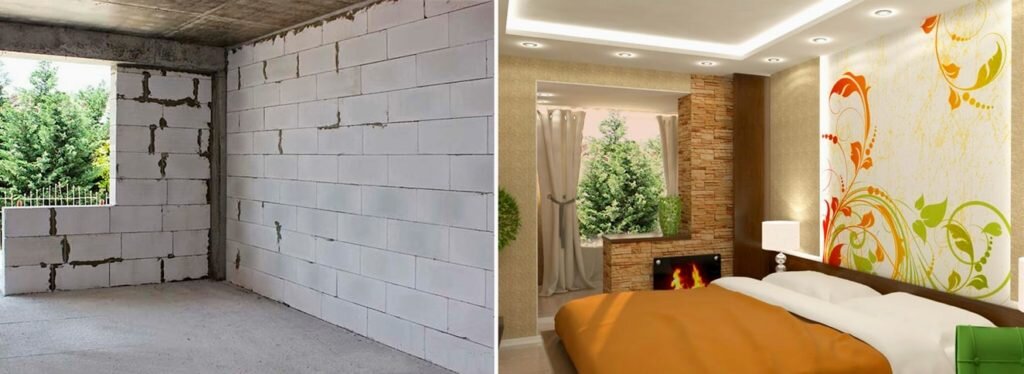 Приступая к чистовой отделке дома из пеноблоков, в первую очередь выполняют внутренние отделочные работы. Пористая структура пенобетона хорошо впитывает влагу. Жидкости и испарения в результате проведения внутренней отделки будут выводиться через поры наружу. Если фасады будут обшиты декоративными панелями, отвод будет нарушен и внутри стен может образоваться плесень. Поэтому необходимо строго следовать очередности отделки.