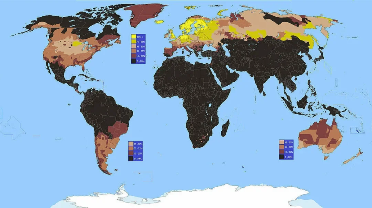 Карта распространения блондинов в мире