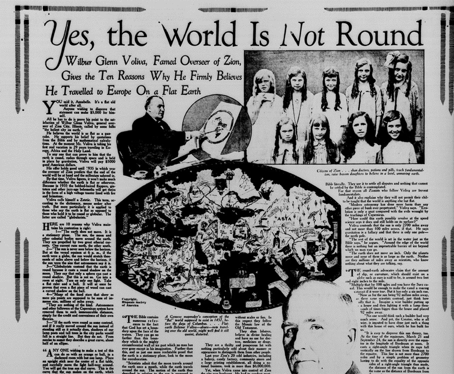 Статья 1928 года, посвященная учению Воливы о плоской Земле. Источник: The Bismarck tribune, May 10, 1928  Добавьте описание

