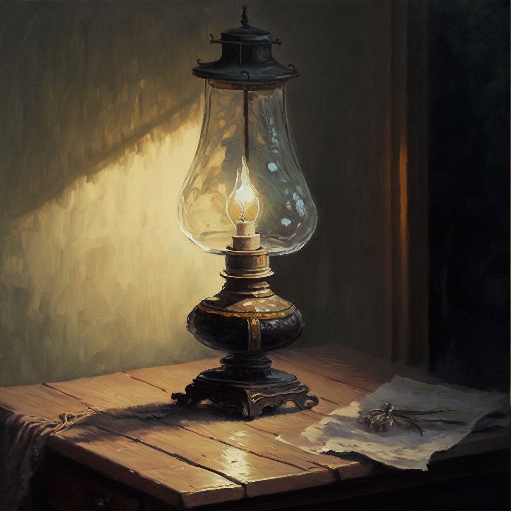 lamp on table, oil painting