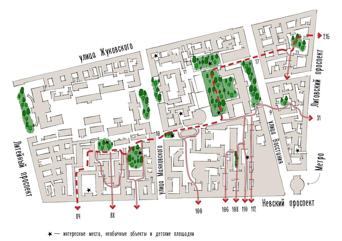 «Инструкция», как обойти Невский проспект через галереи проходных дворов. Рисунок: сайт архитектора Кати Новиковой.