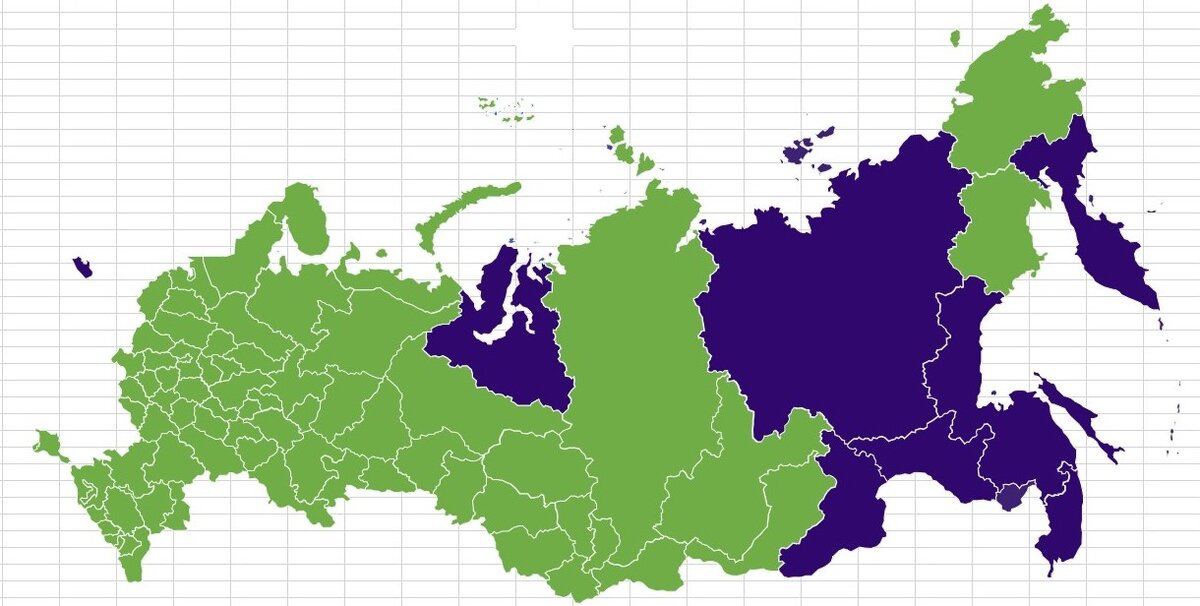 Мои посещённые регионы (зелёные), подавляющее большинство - на автомобиле (кроме Ненецкого АО, Чукотского АО и Магаданской области)