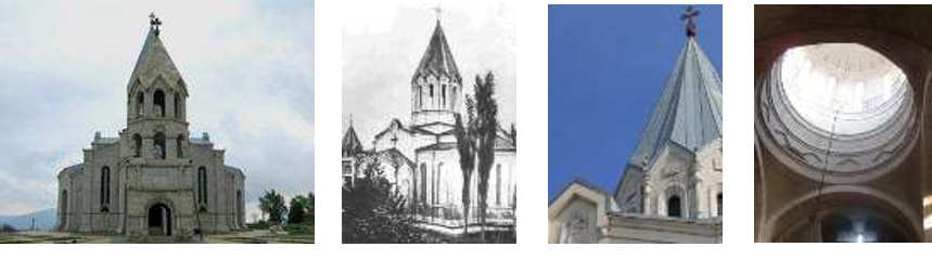 Церковь Газанчи: 1. современное состояние; 2. Фото 1916 года; 3-4. Фрагмент 