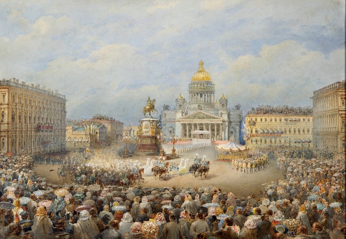 В.С. Садовников. Торжественное открытие памятника императору Николаю I на Мариинской площади. 1859. Бумага/карандаш/акварель/белила. Из собрания ГИМ СПб