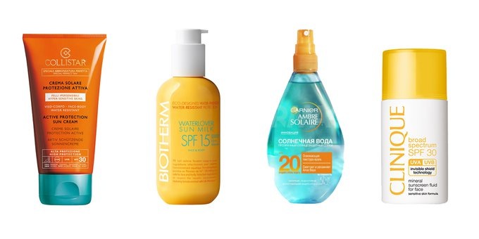 Солнцезащитный крем Сrema Solare Protezione Attiva, Collistar (2449 руб); Солнцезащитное молочко для лица и тела Waterlover Sun Milk, Biotherm (2750 руб); Прозрачный солнцезащитный спрей «Солнечная вода», Amber Solaire, Garnier (629 руб); Солнцезащитный минеральный флюид для лица с Mineral Sunscreen Fluid For Face, Clinique (2300 руб).
 