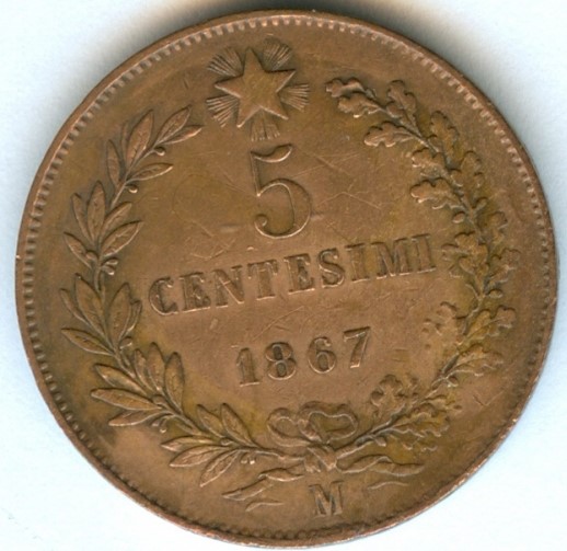 5 чентезимо 1867 года  Итальянская монета на исчезнувшей деревне