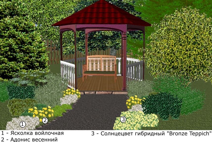 Яркий цветник у беседки в мае