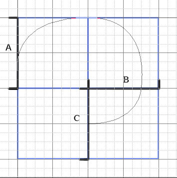 2. Разделяем отрезки А, В на четыре одинаковые части, отрезок С пополам.
