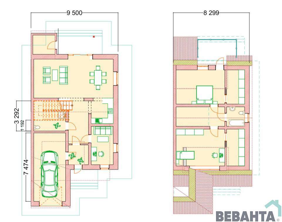 Первый и второй этаж одной из половин загородного дома