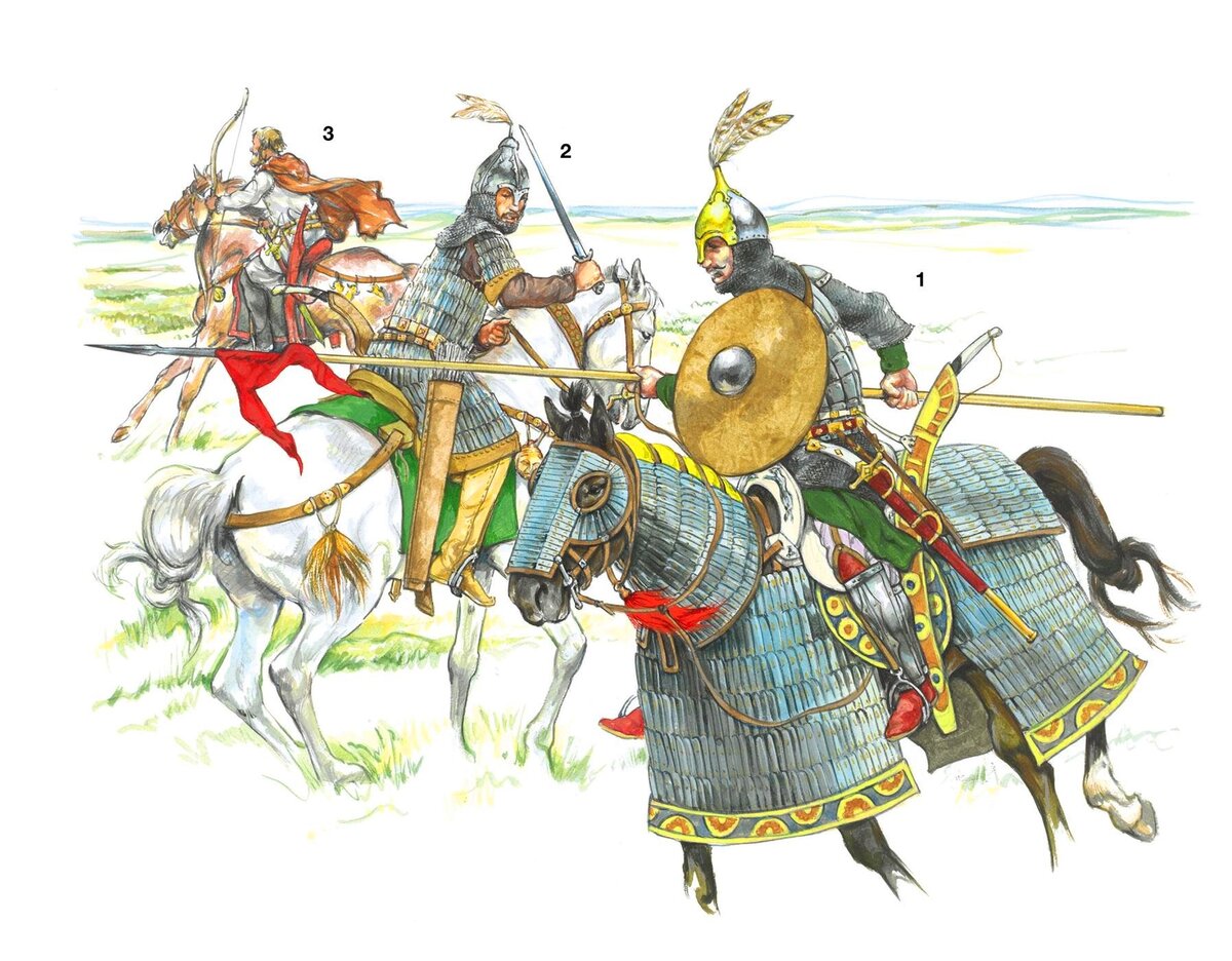 1- Хазарская конница VIIв: уровень кавказской металлургии и византийское влияние отражаются в пластинчатой броне всадника и обшитой накидки коня. Вооружен  однолезвийным прямым мечом с изогнутой рукоятью, сложный лук в ярком корпусе; в руках  обшитый кожей деревянный щит с железным центром и копье; 2- Аланская средняя конница VIIв:  воин вооружен прямым мечом и луком в ножнах, колчан на боку; 3 - Воин южных славян VII века: его лук, ножны лука и меч выдают сильное иранское влияние 

