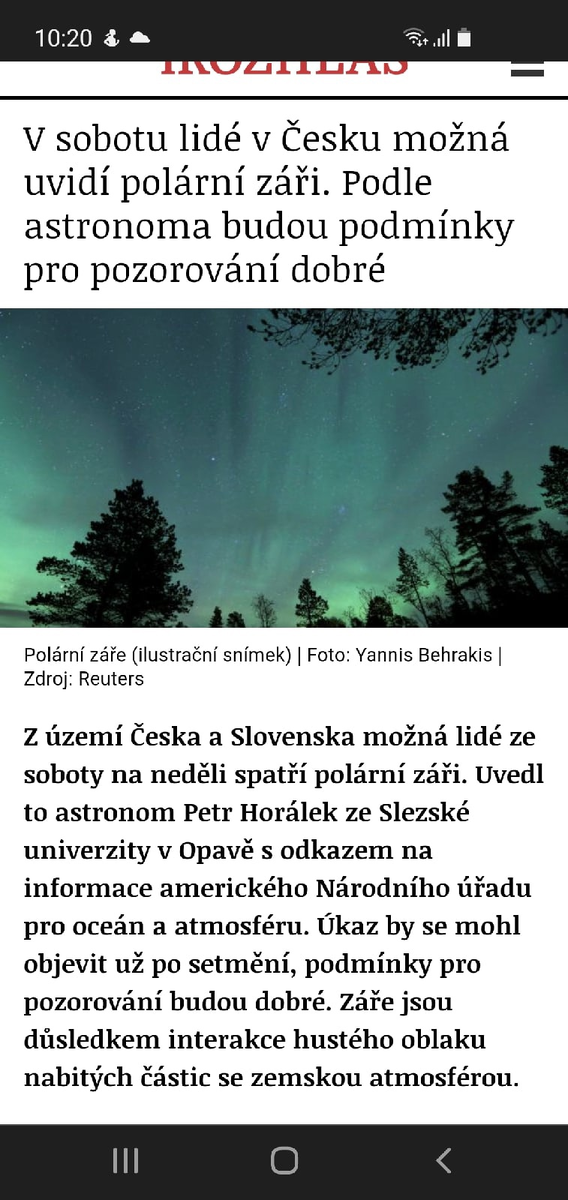 Краткое содержание: в ночь с субботы на воскресенье в Чехии и Словакии можно будет наблюдать северное сияние.