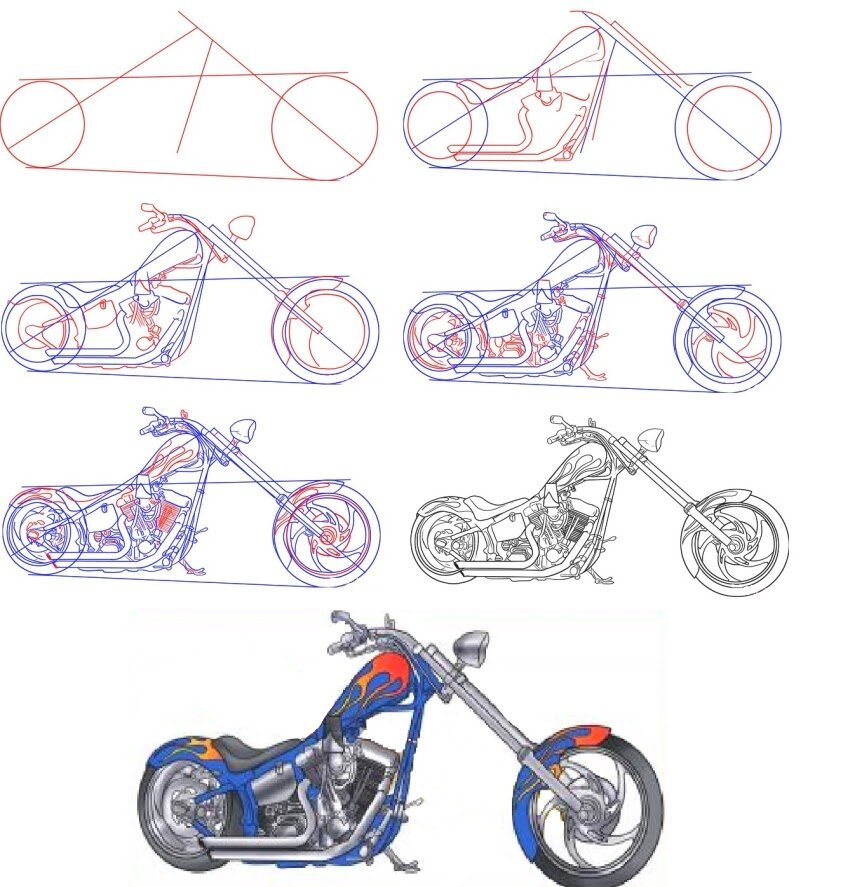 Как нарисовать мотоцикл поэтапно?