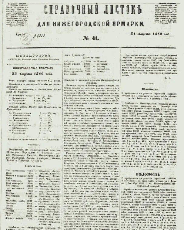 Справочный листок для Нижегородской ярмарки №41. 31 августа 1860. Российская национальная библиотека, Санкт-Петербург