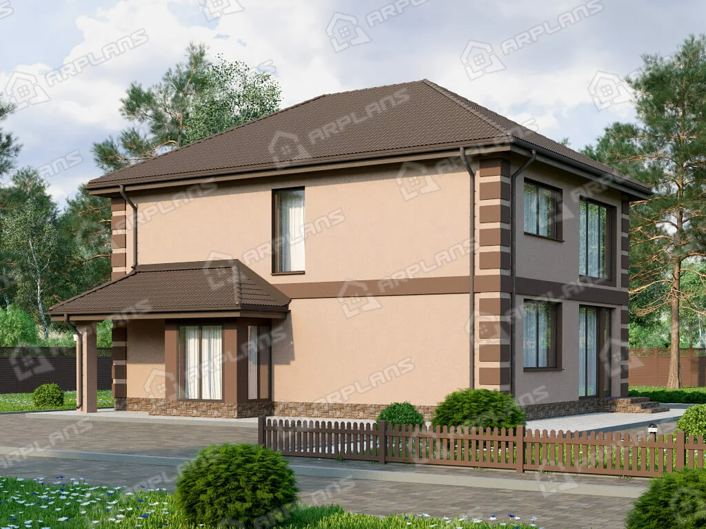 Фасад 1 двухэтажного дома из блоков. Источник arplans.ru К-363