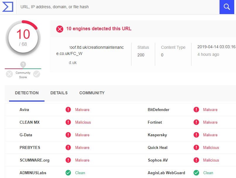 Проверка вредоносной ссылки на VirusTotal